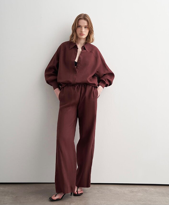 %100 Keten Pantolon Bordo - 2