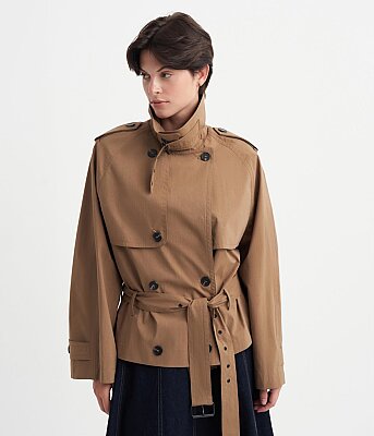 Belden Bağlamalı Kruvaze Trençkot Camel