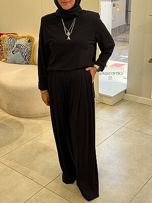 Pileli Dökümlü Reyon Pantolon Siyah