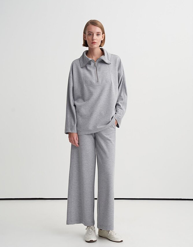 Yüksek Yaka İnterlok Sweatshirt Gri - 1