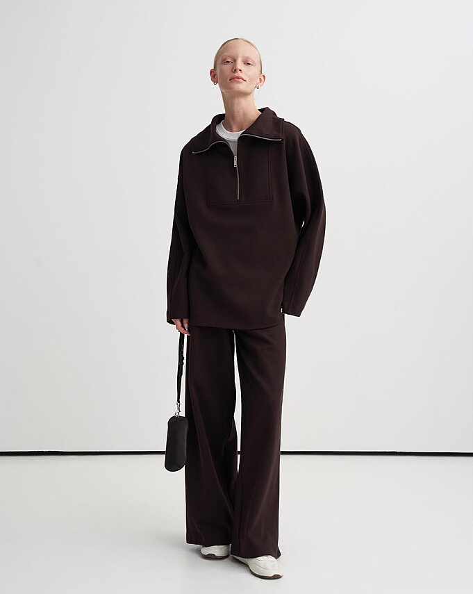 Yüksek Yaka İnterlok Sweatshirt Kahverengi - 1